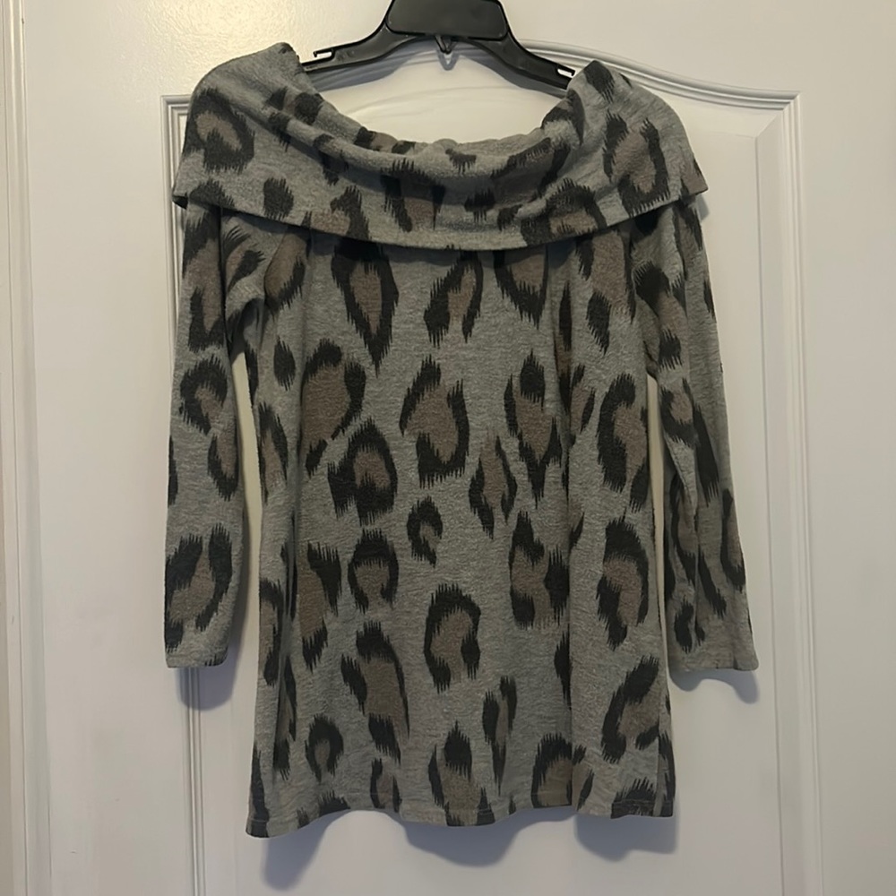 Snow leopard off shoulder sweater